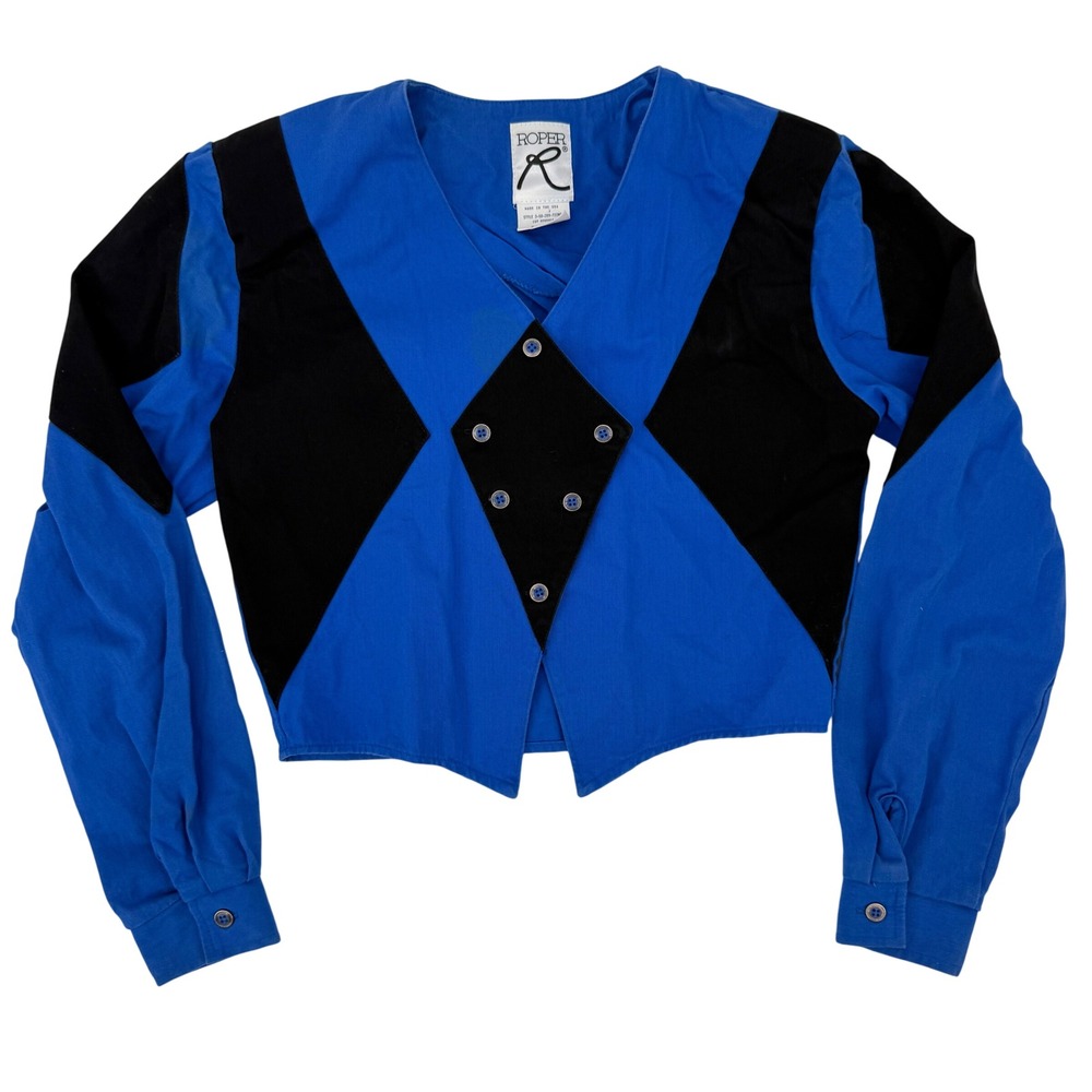 Vintage‎ 90's Roper Western Style Cropped Blue Black Diamond Button Up Small